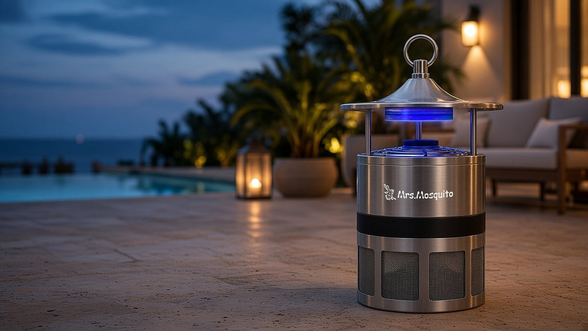 MM400 stainless steel mosquito trap on a patio at dusk