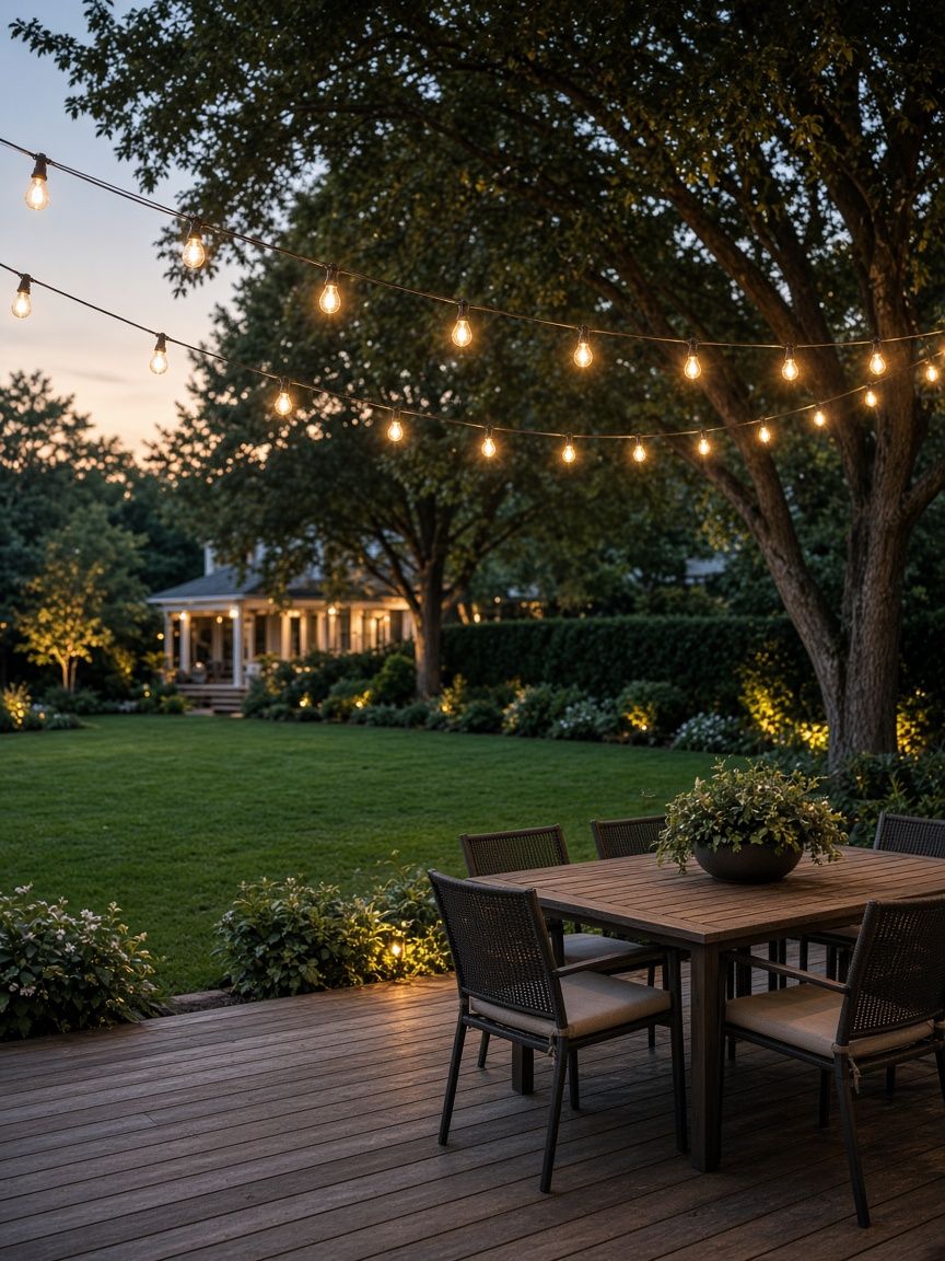 Backyard deck and lawn at dusk