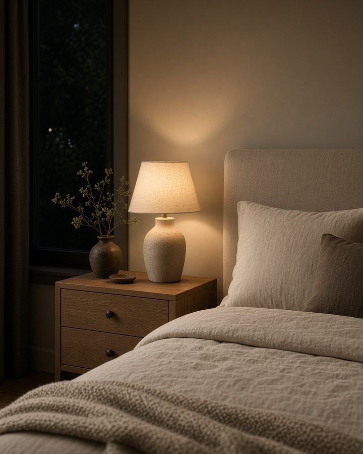Bedroom nightstand with a warm lamp