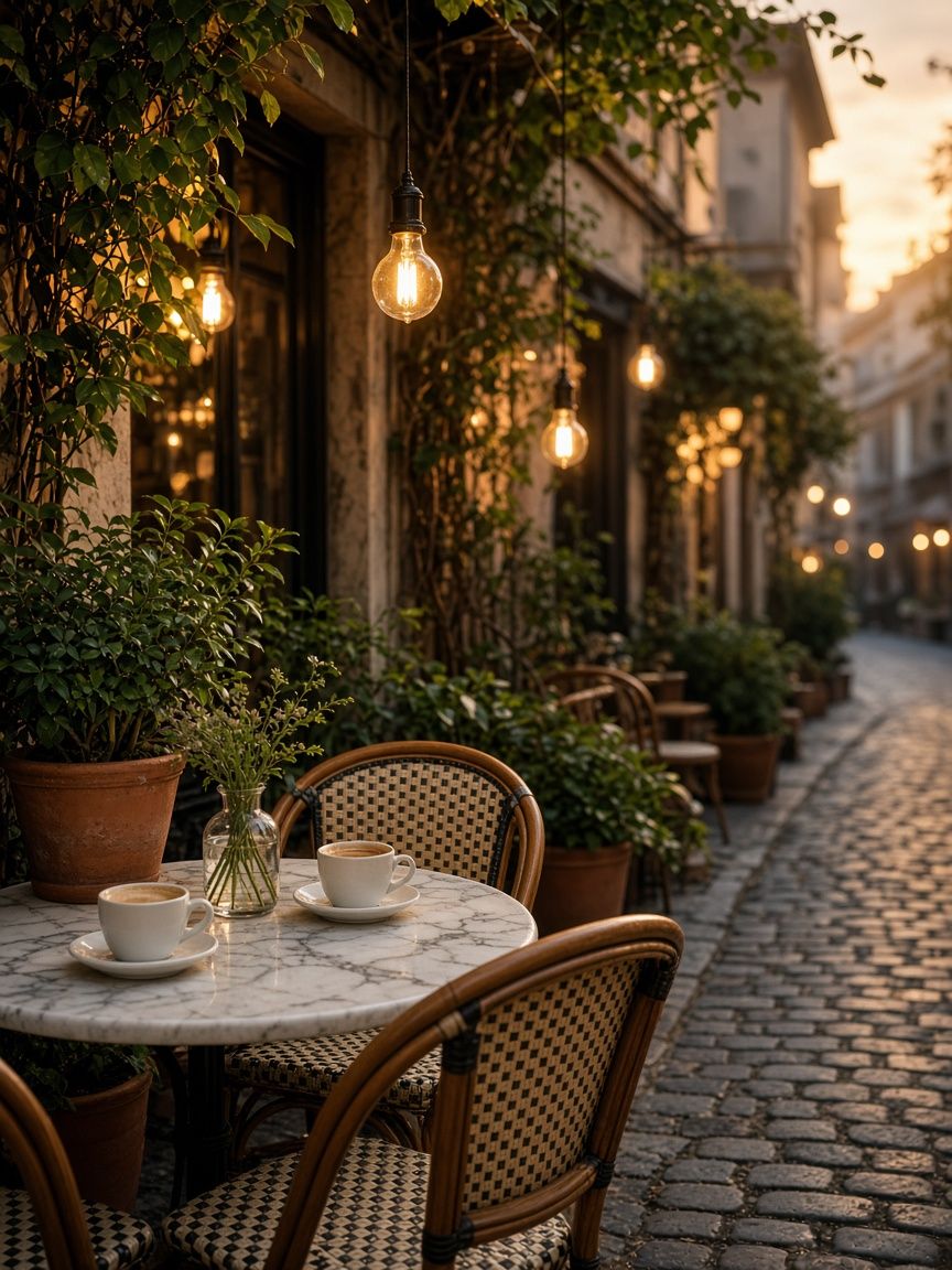 Outdoor cafe terrace at dusk