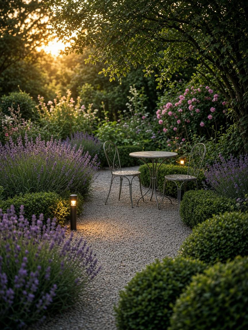 Garden path with a bistro table at dusk
