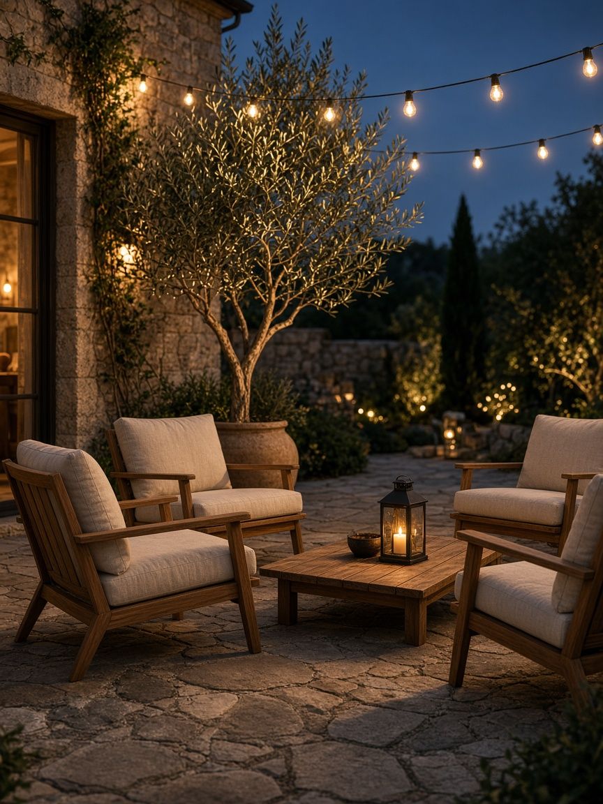 Stone patio with lounge chairs and string lights