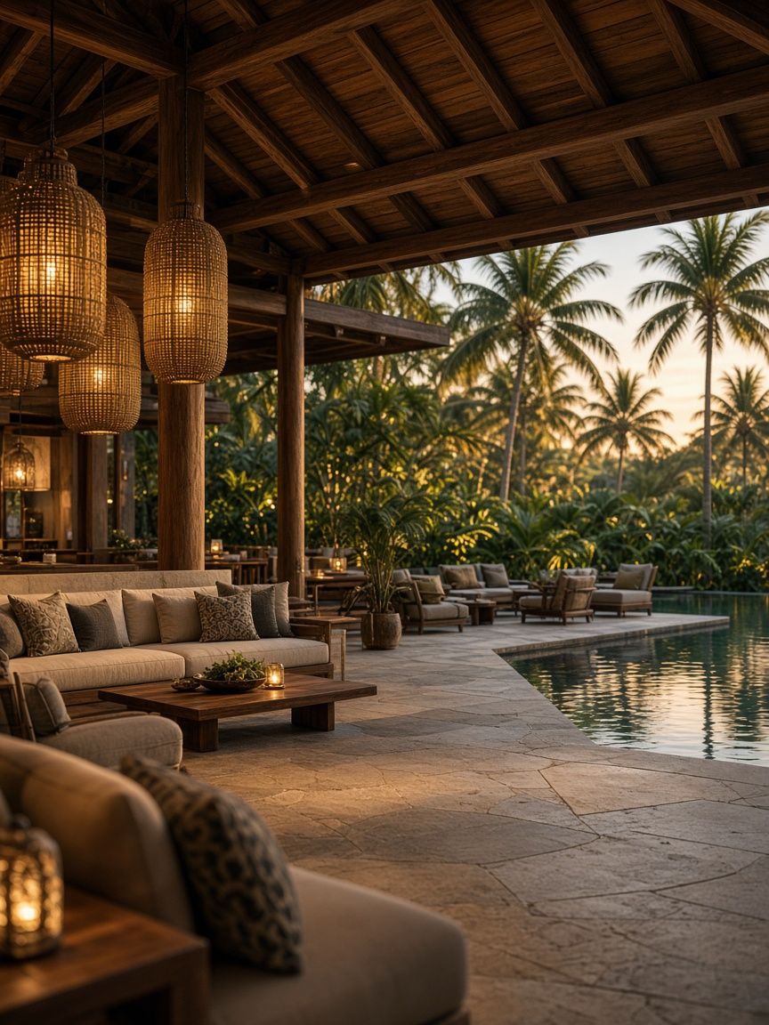 Open-air hotel lobby beside a pool at dusk
