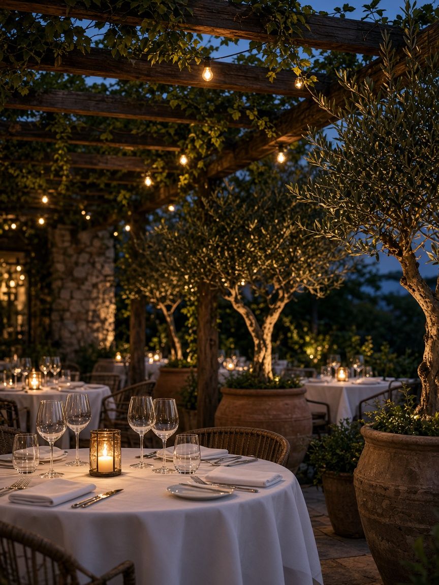 Restaurant patio set for dinner