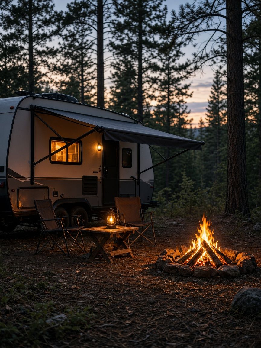 RV at a forest campsite at dusk